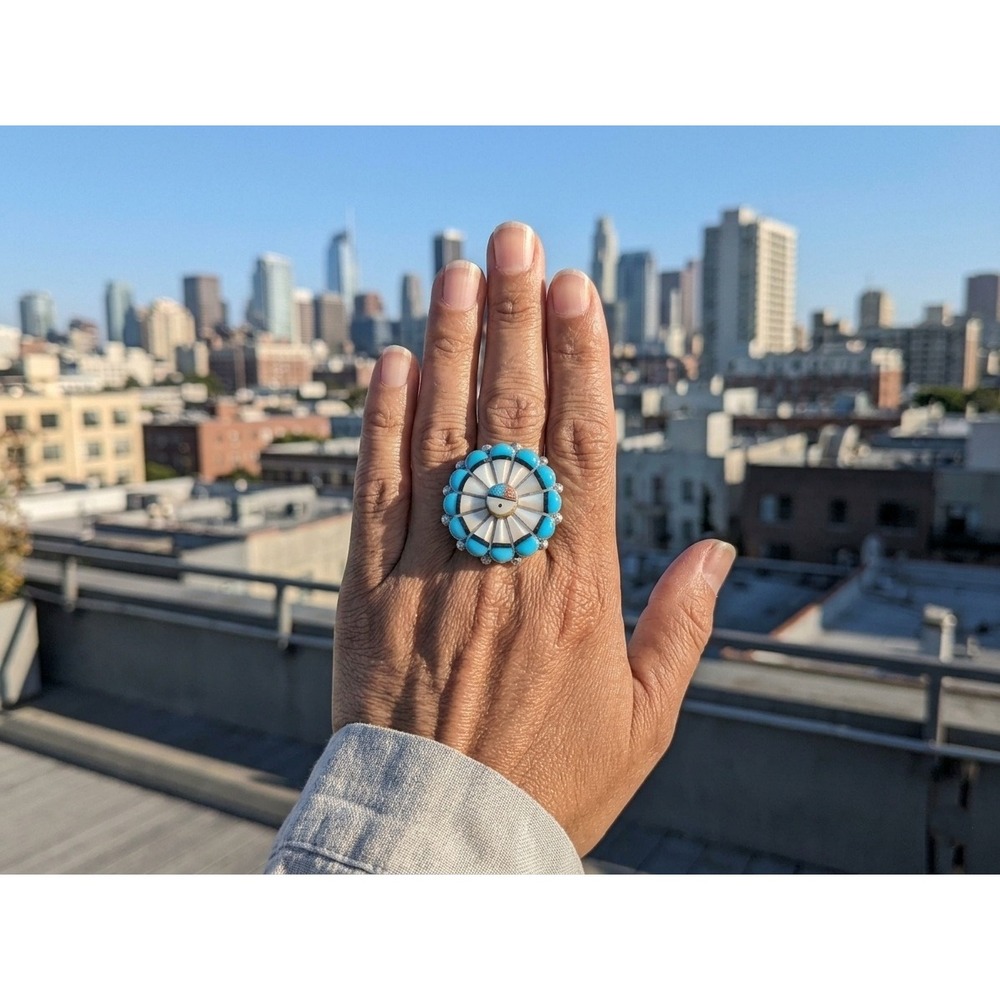 Handmade Zuni Cluster Ring sz 6.75 - Women's Southwest Pueblo Jewelry Signed ***